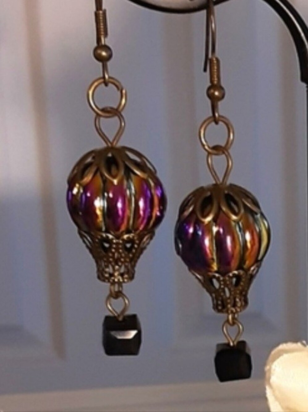 Handmade Bronze Hot Air Balloon Earrings Rainbow Finish Pierced